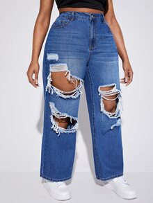 Plus Ripped Wide Leg Jeans - Blue - View 3