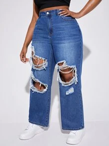 Plus Ripped Wide Leg Jeans - Blue - View 5
