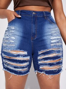 Plus High Waist Ripped Raw Hem Denim Shorts - Medium Wash - View 1