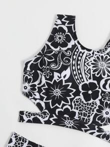 SHEIN Swim Summer Beach Floral Print Tankini Set Lace Up Back Tank Top & High Waisted Bottom 2 Piece Bathing Suit - Black and White - View 3