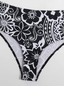 SHEIN Swim Summer Beach Floral Print Tankini Set Lace Up Back Tank Top & High Waisted Bottom 2 Piece Bathing Suit - Black and White - View 4
