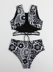 SHEIN Swim Summer Beach Floral Print Tankini Set Lace Up Back Tank Top & High Waisted Bottom 2 Piece Bathing Suit - Black and White - View 6
