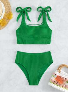 SHEIN Swim Summer Beach Tie Shoulder High Waisted Tankini - Green - View 4
