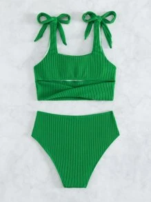 SHEIN Swim Summer Beach Tie Shoulder High Waisted Tankini - Green - View 5