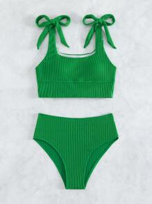 SHEIN Swim Summer Beach Tie Shoulder High Waisted Tankini - Green - View 3