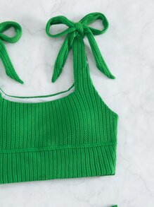 SHEIN Swim Summer Beach Tie Shoulder High Waisted Tankini - Green - View 7