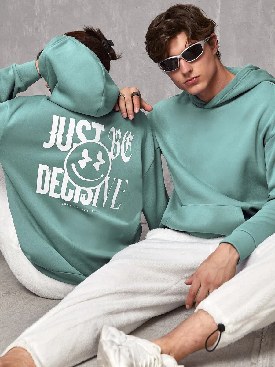 SWAVVY 1pc Loose-Fit Hoodie With Letter & Cartoon Face Print, Kangaroo Pocket And Drop Shoulder Design - Mint Green - View 1