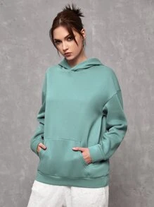 SWAVVY 1pc Loose-Fit Hoodie With Letter & Cartoon Face Print, Kangaroo Pocket And Drop Shoulder Design - Mint Green - View 4