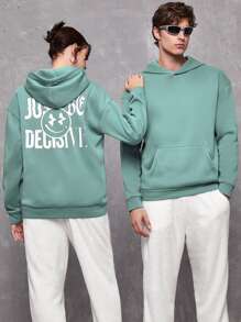 SWAVVY 1pc Loose-Fit Hoodie With Letter & Cartoon Face Print, Kangaroo Pocket And Drop Shoulder Design - Mint Green - View 7