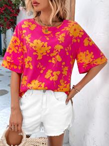 SHEIN VCAY 印花落肩袖襯衫 - 玫紅色 - 查看 1