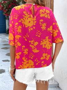 SHEIN VCAY 印花落肩袖襯衫 - 玫紅色 - 查看 2