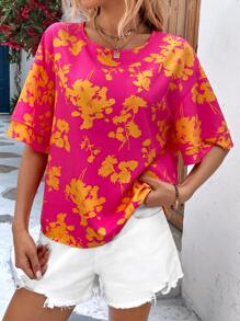 SHEIN VCAY 印花落肩袖襯衫 - 玫紅色 - 查看 4