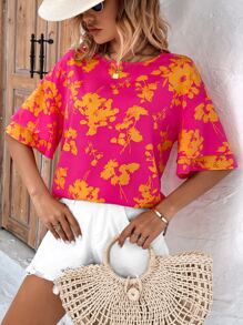 SHEIN VCAY 印花落肩袖襯衫 - 玫紅色 - 查看 5