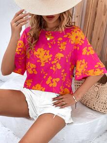 SHEIN VCAY 印花落肩袖襯衫 - 玫紅色 - 查看 6