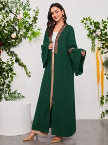 Al Najma 織帶拼接荷葉袖阿拉伯罩袍 - 墨綠色 - 查看 3