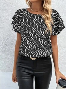 SHEIN LUNE Allover Print Butterfly Sleeve Blouse - Black - View 3