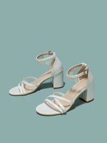 人造珍珠裝飾粗跟踝帶平底涼鞋 - 白色 - 查看 3