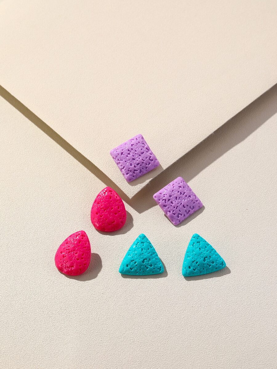 3pairs Triangle & Water-drop Design Stud Earrings - Multicolor - View 1