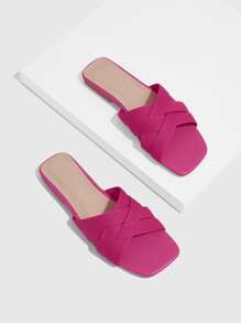 Women Criss Cross Strap Open Toe Hot Pink Slide Sandals, Funky Summer Outdoor Fabric Flat Sandals - Hot Pink - View 4