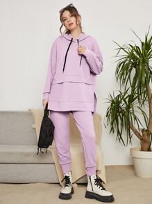 Mulvari Drop Shoulder High Low Hem Drawstring Hoodie & Sweatpants - Lilac Purple - View 1