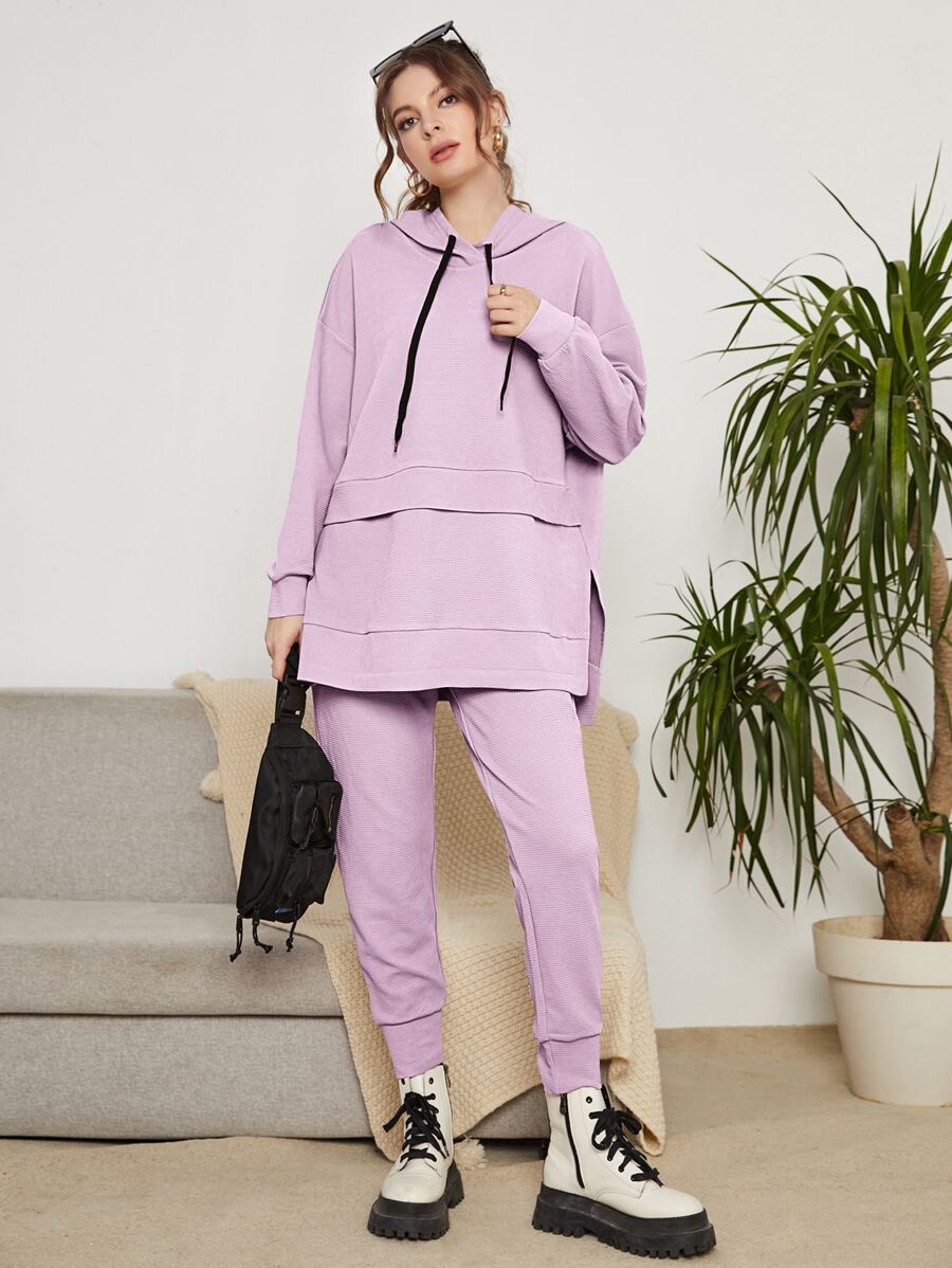 Mulvari Drop Shoulder High Low Hem Drawstring Hoodie & Sweatpants - Lilac Purple - View 1