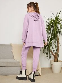 Mulvari Drop Shoulder High Low Hem Drawstring Hoodie & Sweatpants - Lilac Purple - View 2