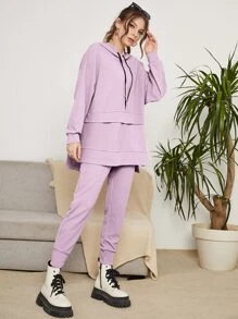 Mulvari Drop Shoulder High Low Hem Drawstring Hoodie & Sweatpants - Lilac Purple - View 3