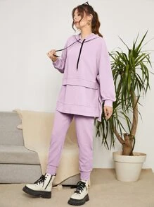 Mulvari Drop Shoulder High Low Hem Drawstring Hoodie & Sweatpants - Lilac Purple - View 4