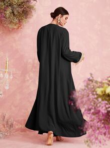 Al Najma 前开式撞色亮片朴素长袖阿拉伯长袍 - 黑色 - 查看 2