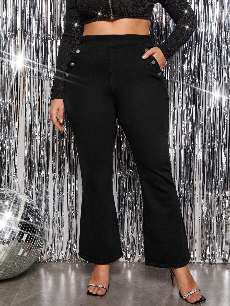 Plus Solid Flare Leg Jeans - Black - View 1
