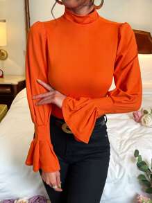 SHEIN Privé Áo thun nữ Xù màu trơn Thanh lịch - trái cam - Xem 5