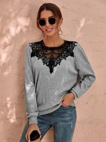 SHEIN Clasi Guipure Lace Drop Shoulder Sweatshirt - Grey - View 1