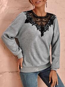 SHEIN Clasi Guipure Lace Drop Shoulder Sweatshirt - Grey - View 3