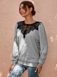 SHEIN Clasi Guipure Lace Drop Shoulder Sweatshirt - Grey - View 4