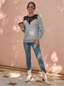 SHEIN Clasi Guipure Lace Drop Shoulder Sweatshirt - Grey - View 5