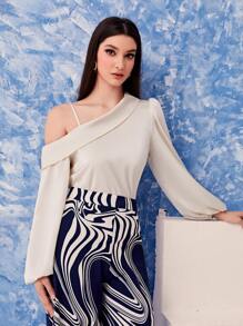 Modelyn Solid Asymmetrical Neck Lantern Sleeve Top - Apricot - View 1