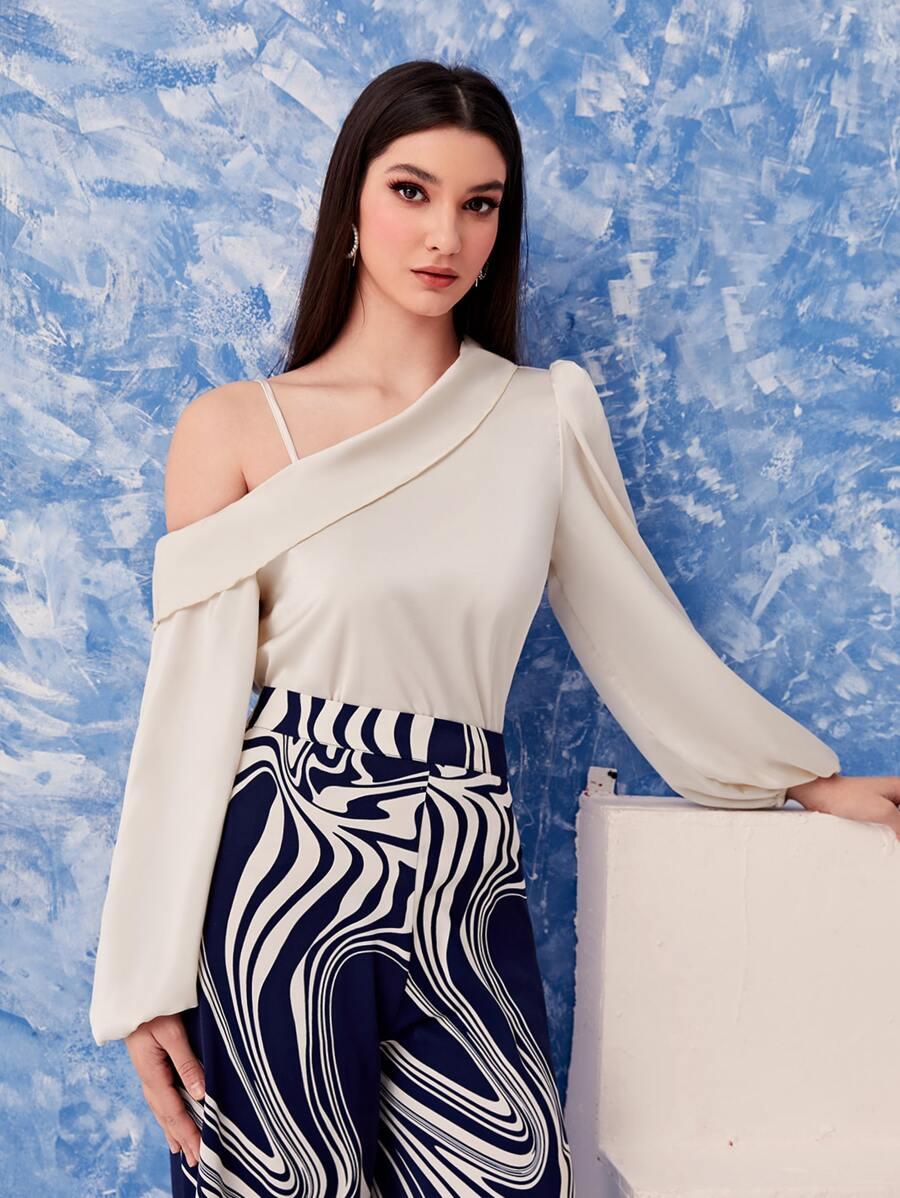 Modelyn Solid Asymmetrical Neck Lantern Sleeve Top - Apricot - View 1