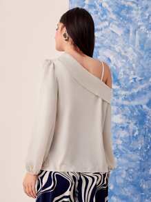 Modelyn Solid Asymmetrical Neck Lantern Sleeve Top - Apricot - View 2