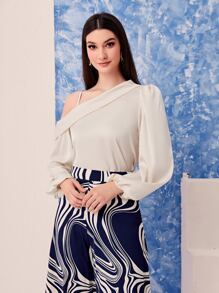 Modelyn Solid Asymmetrical Neck Lantern Sleeve Top - Apricot - View 3