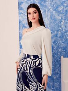 Modelyn Solid Asymmetrical Neck Lantern Sleeve Top - Apricot - View 4