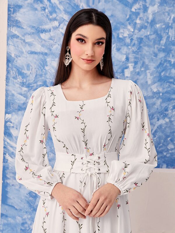 SHEIN Mulvari Plants Print Square Neck Lantern Sleeve Dress SHEIN USA