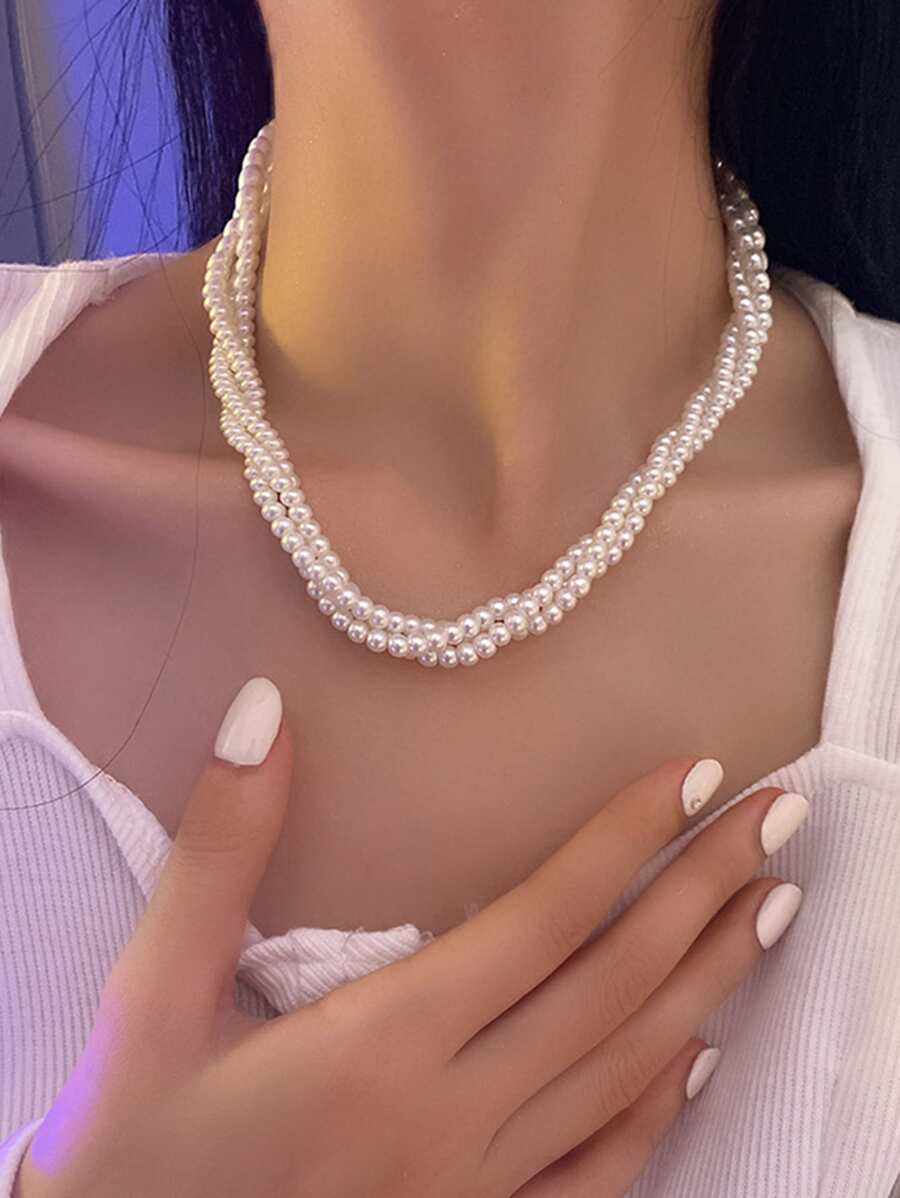 仿珍珠串珠項鍊 - 白色 - 查看 1