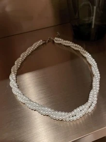 仿珍珠串珠項鍊 - 白色 - 查看 2