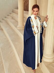 Al Najma 前开流苏细节长款蝙蝠袖系带朴素阿拉伯长袍 - 藏蓝色 - 查看 7