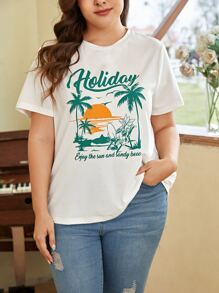 SHEIN EZwear Plus Letter & Palm Tree Print Tee - White - View 3