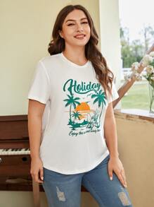 SHEIN EZwear Plus Letter & Palm Tree Print Tee - White - View 5