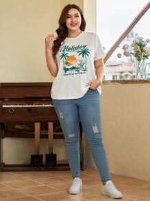SHEIN EZwear Plus Letter & Palm Tree Print Tee - White - View 7