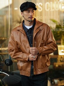DAZY Men Zip Up PU Leather Coat - Brown - View 3