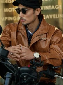 DAZY Men Zip Up PU Leather Coat - Brown - View 8