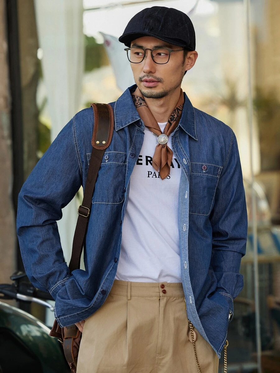 DAZY Men Solid Button Through Denim Shirt - Medium Wash - View 1